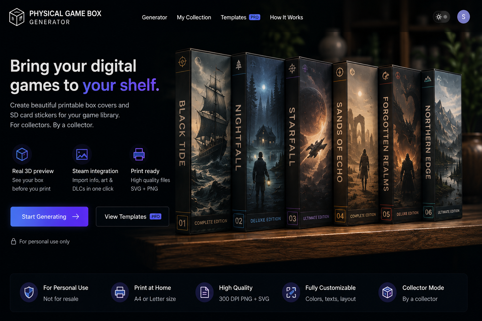 Physical PC game collection on a wooden shelf